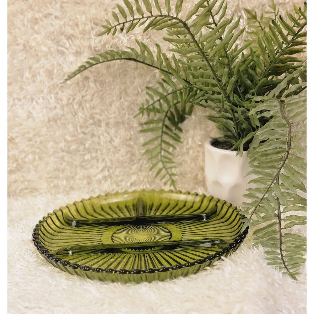Vintage Olive Green Indiana Glass Divided Serving Dish